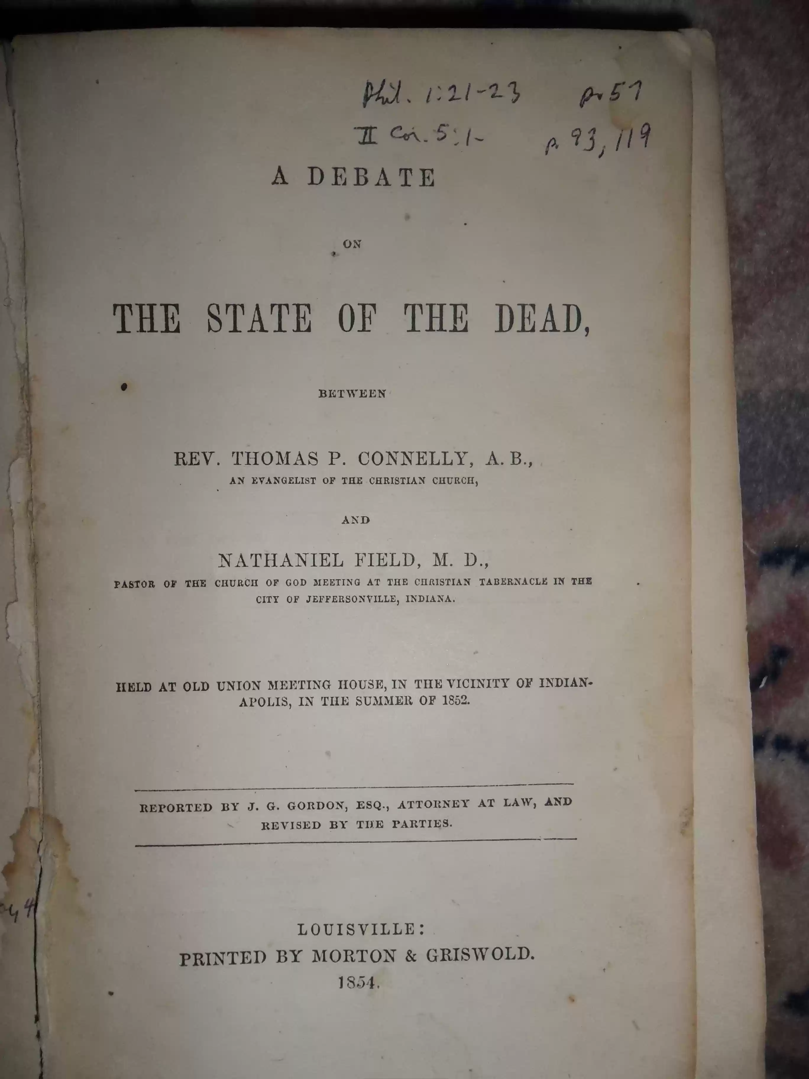 SAM_0525-title page of book, A Debate on the State of the Dead, from the library of Andrew Ferguson Dugger